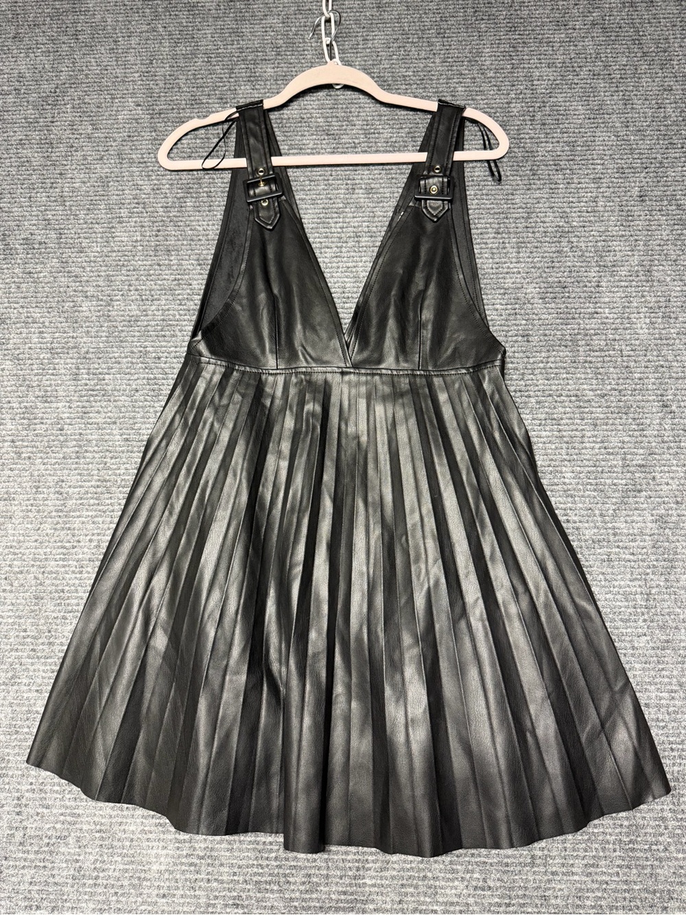 Zara Black Pleated Faux Leather Pinafore Dress with Buckle Straps